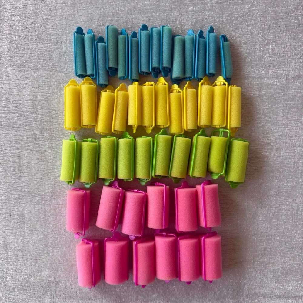 48pc Foam Sponge Hair Roller Set Pink Green Yellow Blue Curlers w/ Storage Bag